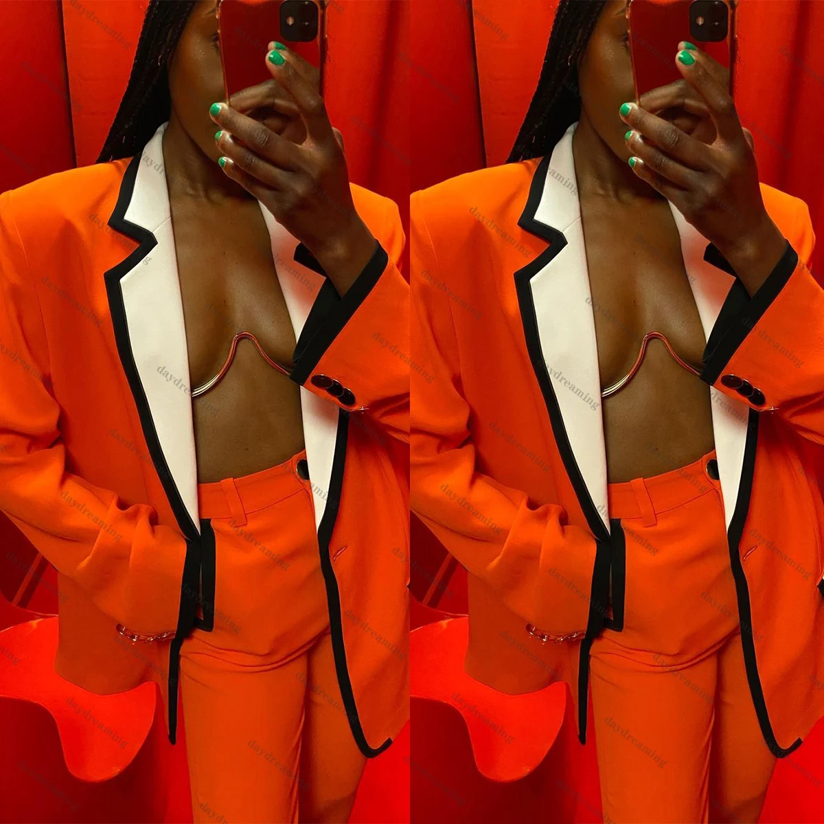 Chic Orange Women Suits Dresses Notched Lapel Party Gown Loose Jacket Custom Made Wide Leg Pants Power Blazer