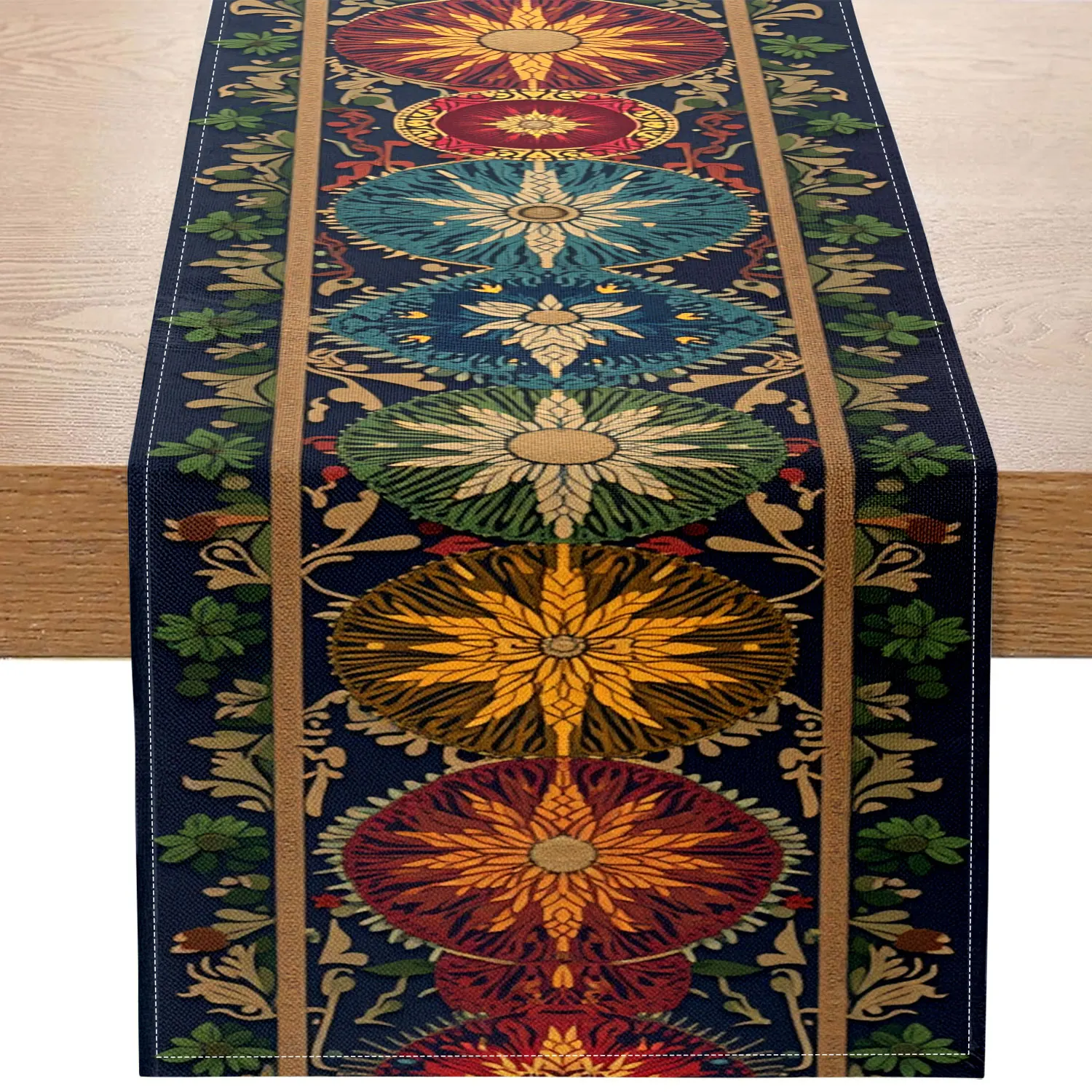 

Цельная дорожка для стола с цветочным тиснением в этническом стиле, с темно-синим фоном, украшенная разноцветными трехмерными цветами и золотыми узорами, подходит для этнических ресторанов, художественных выставок, культуры, украшения для гостественных са