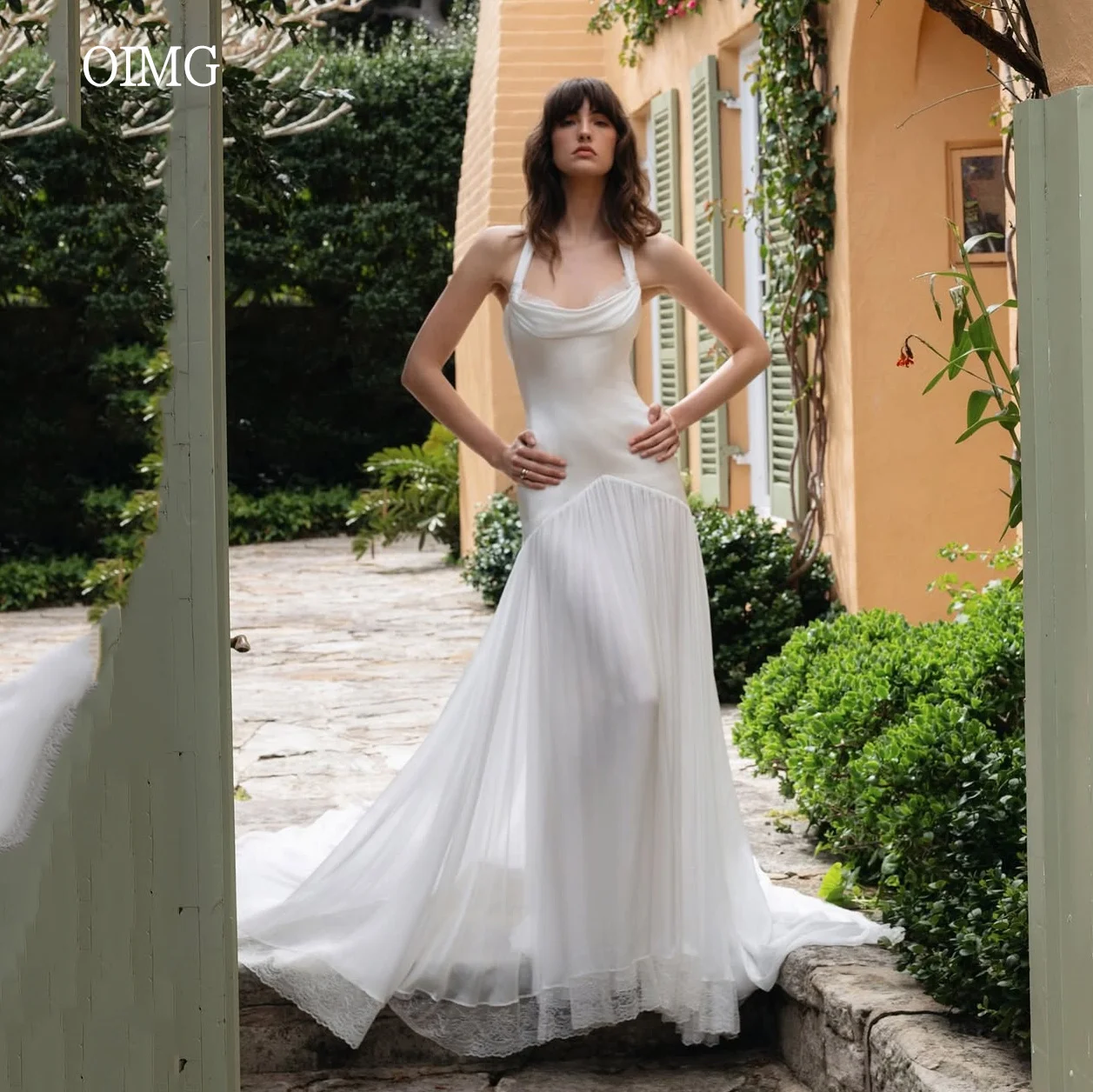 

OIMG Ivory Halter A Line Wedding Dress Lace Sleeveless Bride Dresses Floor Length Wedding Gowns vestidos de festa Customized