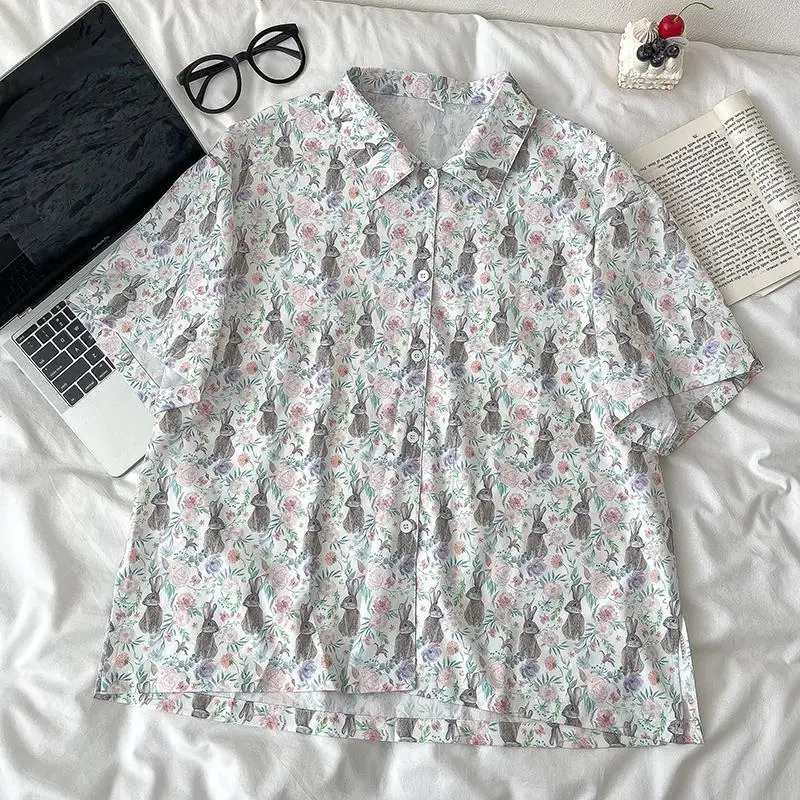 Simple, trendy and versatile floral shirt 2024 summer new Korean style women\'s casual loose mid-length personalized y2k tops emo