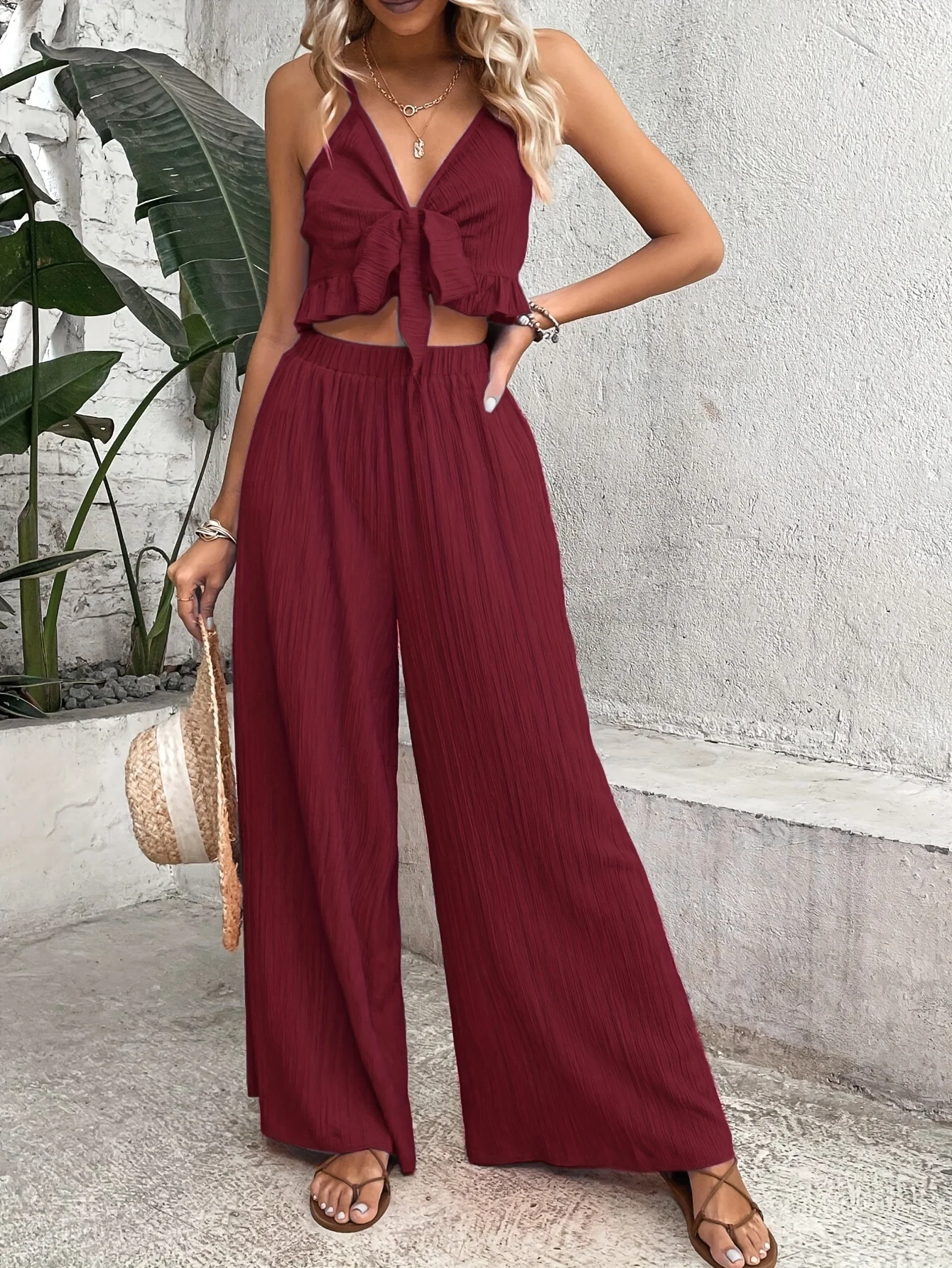 

2025 Traf Top women's 2 Piece Suit Summer Elegant Lazy Cardigan Bow Tie Thin Shoulder Strap Suspender Loose Casual Pants Summer