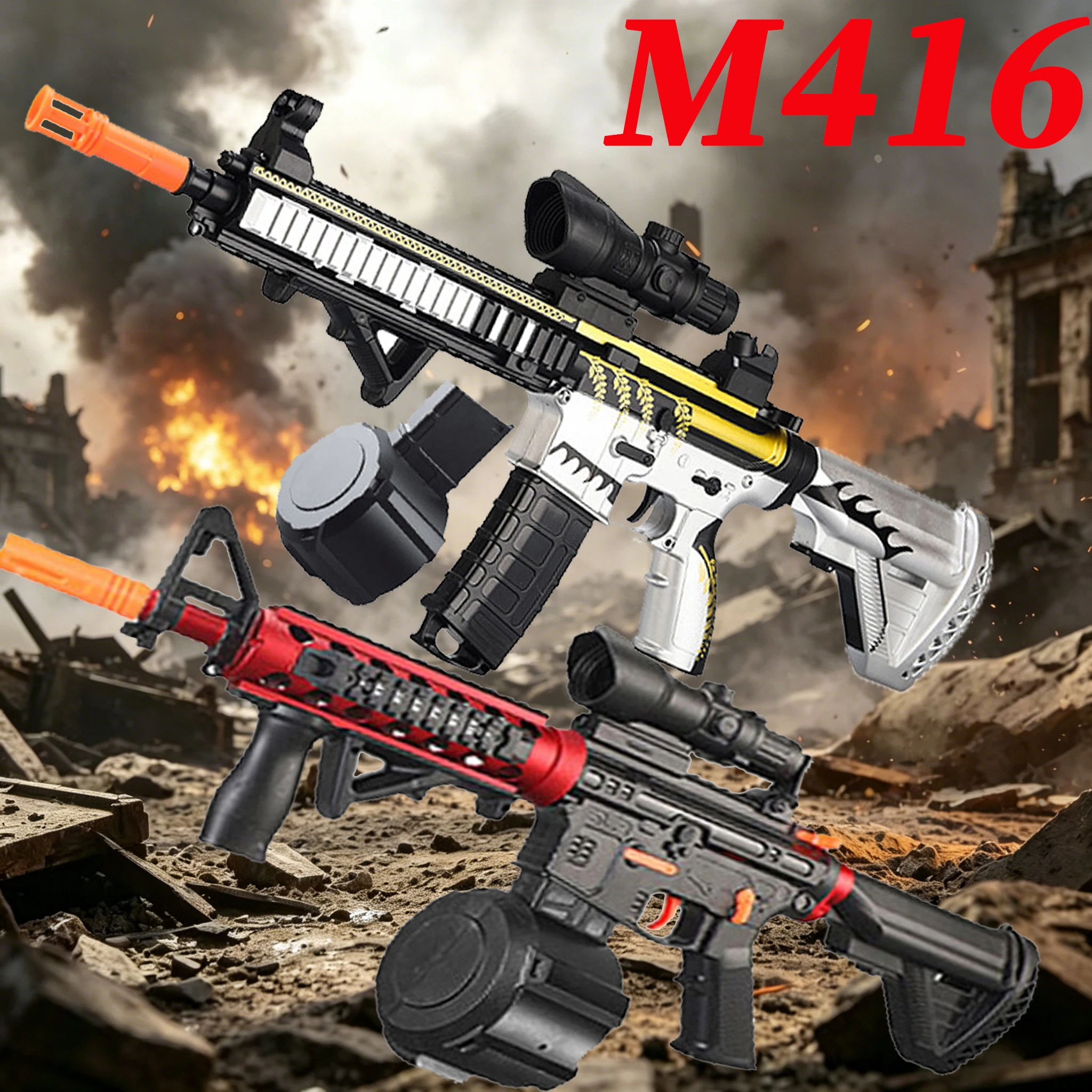 Pistola de Juguete Eléctrica M416, Pistola de Bolas Automática con Tambor Magnético y Mira, Versión Recargable de 7.4V para Juegos al Aire Libre