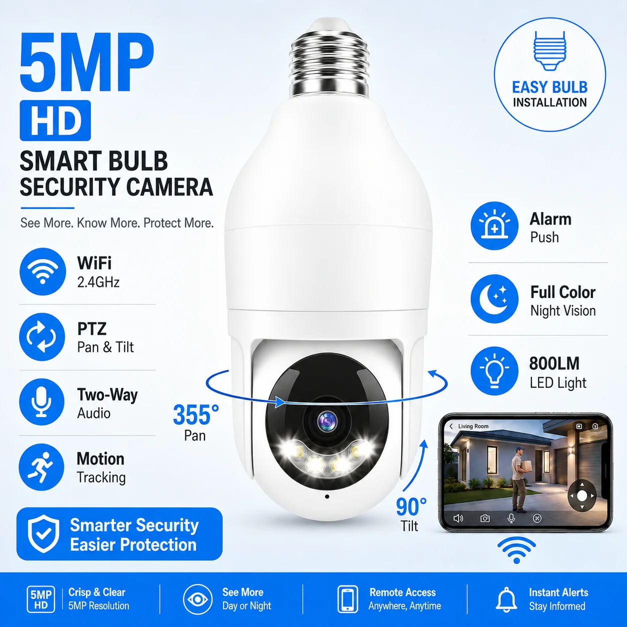 5MP LED Bulb Security Camera WiFi PTZ Camera 5x Zoom AI Auto Tracking Color Night Vision Wireless Surveillance Camera