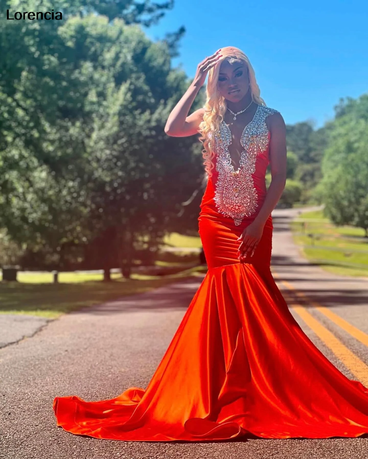 Lorencia Orange Sequined Mermaid Prom Dress For Black Girl Silver Applique Crystal Beaded Evening Special Occasion Gowns YPD137