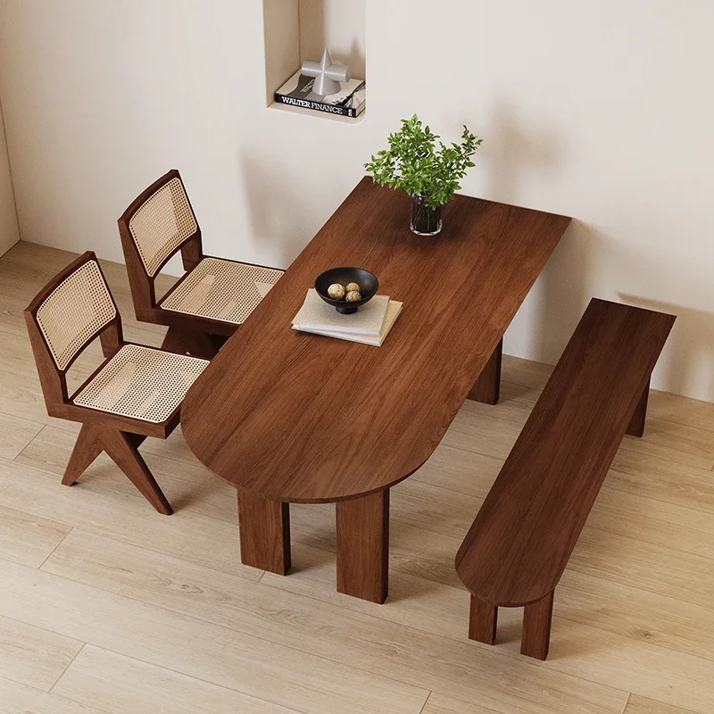 طاولة طعام على شكل جزيرة من الخشب الصلب في العصور الوسطى مقابل الحائط، طاولة شقة صغيرة منزلية وكرسي، مجموعة مستطيلة #3