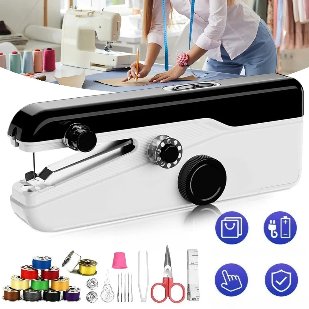 Tragbare Handnähmaschine mit zwei Geschwindigkeitsstufen, Nähgerät für Kleidung, Vorhänge und Handarbeiten, USB- oder batteriebetrieben, max. 1,8 mm Stoffdicke, inklusive komplettem Nähzubehör-Set