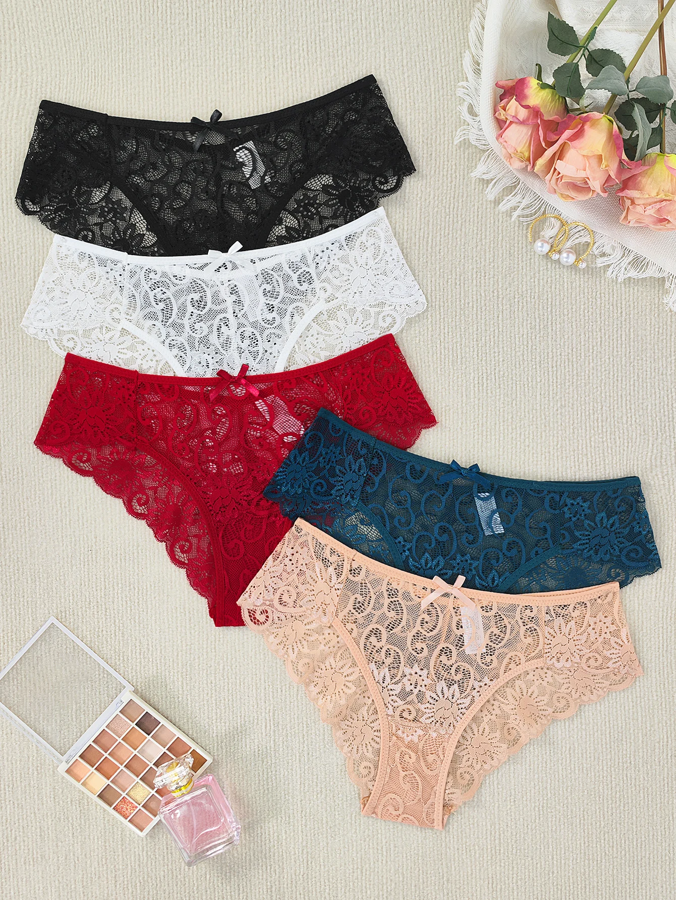 5pcs Embroidery Lace Women Panties Hollow Out Mid Waist Plus Size Female Briefs Perspective Comfortable Underwear Sexy Lingerie