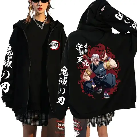 Moda Anime dibujos animados Demon Slayer patrón estampado sudadera hombres mujeres Otoño Invierno Casual suelta Harajuku polar cremallera Sudadera con capucha