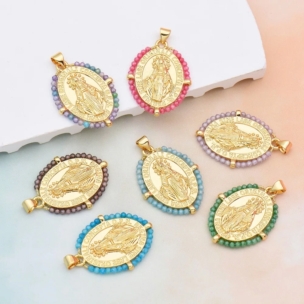 2 Pcs Inlay Colorful Zircon Virgin Mary Pendant DIY Necklace Jewelry Making Parts Copper Plated Gold Oval Accessories for Women