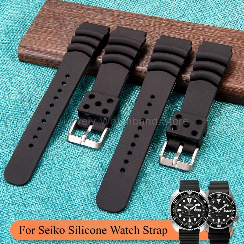 واجهة محدبة غير قابلة للانزلاق سريعة الجفاف باللون الأسود 20 22 لـ Seiko Tuna Can Diver 007 حزام ساعة من السيليكون بإبرة مشبك مضاد للحساسية