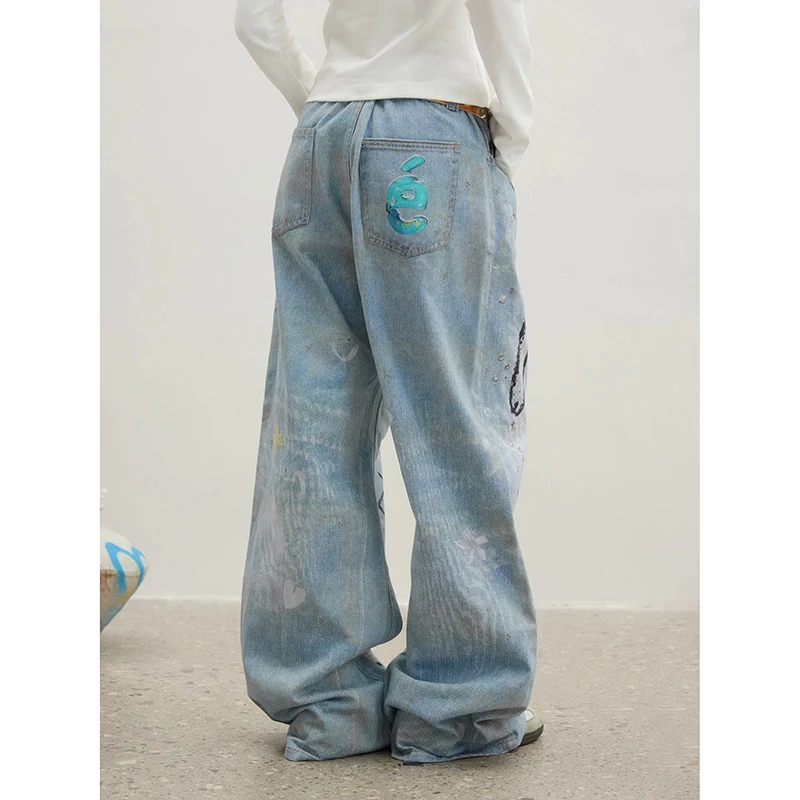 Y2K Puppy Print Jeans Women American Washed Distressed Retro Autumn Trend Loose Straight Wide Leg Pants