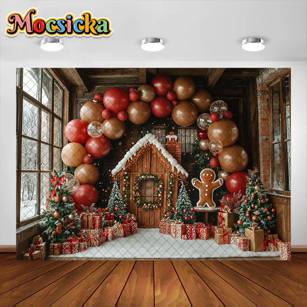 Fondo de fotografía de hombre de jengibre de dibujos animados arco de Navidad decoración de la casa de globos niños fiesta de vacaciones telón de fondo accesorios de estudio