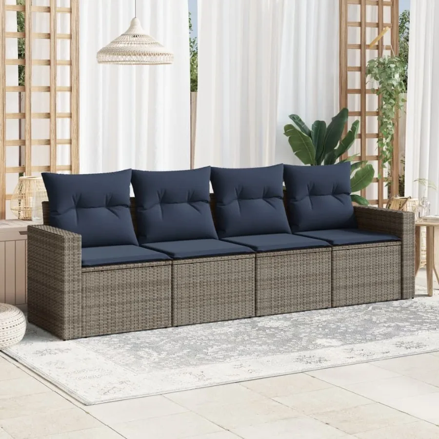 

4 Piece Patio Sofa Set with Cushions Gray Poly Rattan