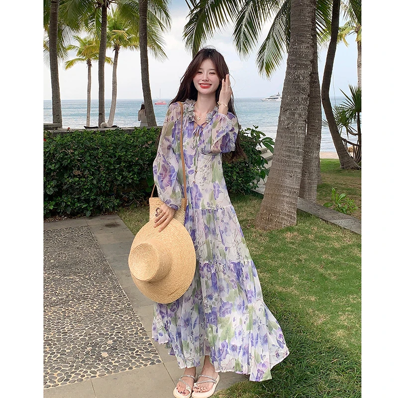 2025 nova chegada verão feminino estilo praia a linha impressão saia tornozelo comprimento all-match com decote em v em camadas retalhos design saias t144