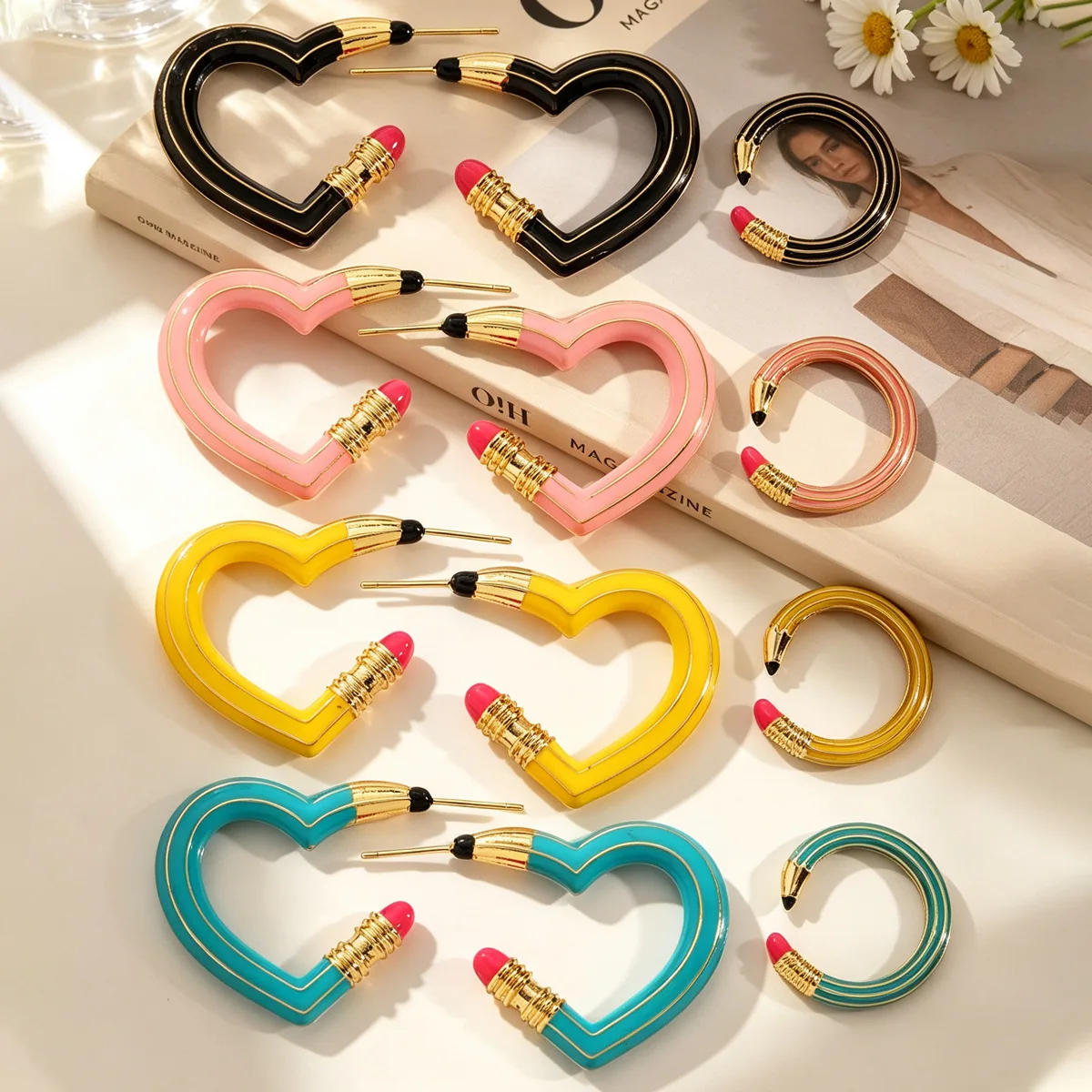 Fashion Colorful Enamel Pencil Eraser Hoop Earring Rings for Women Korean Exquisite Light Luxury Designer Accessories Jewelry
