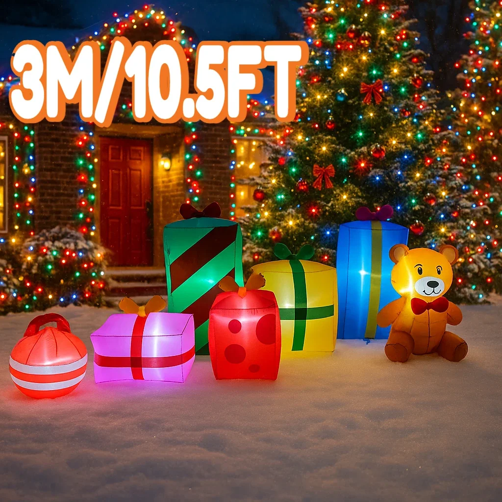 3M/10.5FT Santa Claus Gift Teddy Bear Inflatable Model Christmas Decor LED Lights Holiday Outdoor Decor Home Yard Party Prop