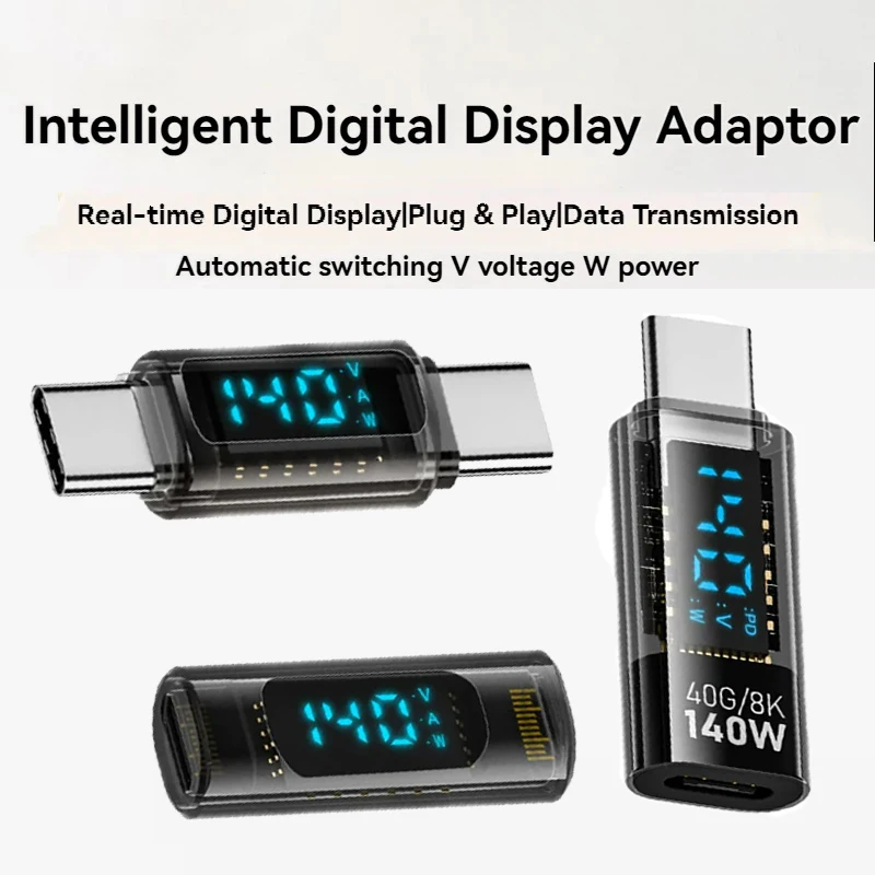 140W USB C Adapter Power Meter with Digital Display USB4 40Gbps 8K@60Hz Transfer Fast Charging Connector for Laptop Phone Tablet