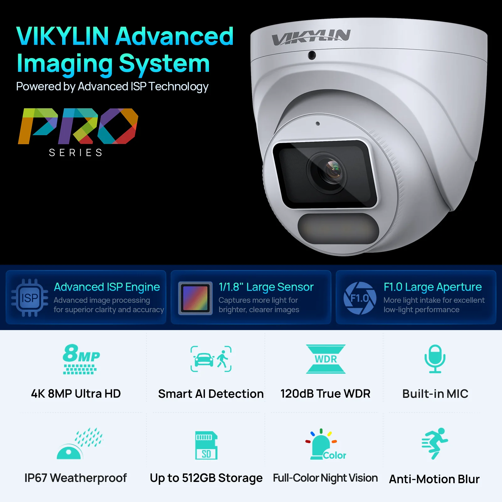 VIKYLIN 8MP IP-Sicherheitskamera PoE 4K Vollfarb-Nachtsicht Menschen- und Fahrzeugerkennung Heimüberwachung Unterstützt IVS ONVIF IP67