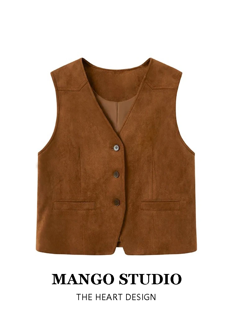 

Замшевый жилет в стиле ретро, женский осенний этнический открытый кардиган с v-образным вырезом, многослойная накладка на плечо, топ, верхняя одежда