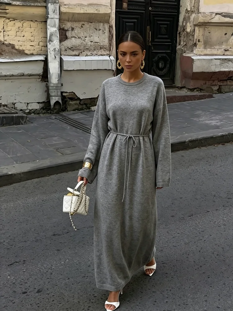 Women's Knit Long Dress Crew Neck Long Sleeve Drawstring Waist Relaxed Fit Soft Knitted Dresses 2026 Women Daily Maxi Gown