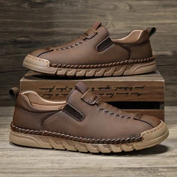 Classic Brand Fashionable Flat Shoes for Outdoor Driving for Men's Handmade Soles Versatile Men's Leather Casual Shoes Anti Slip