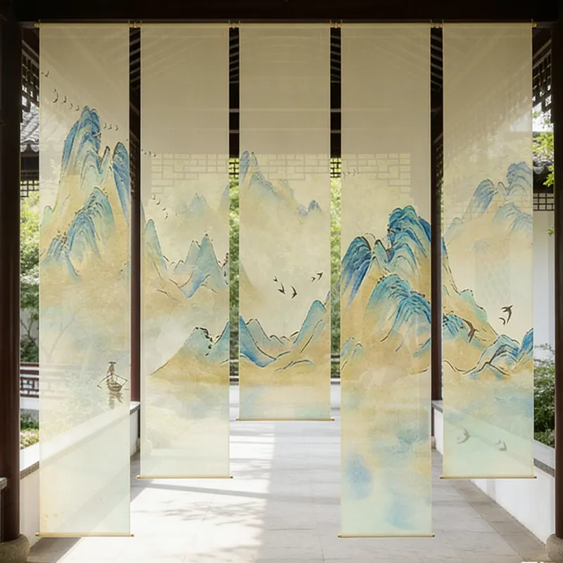 Karesansui Hanging Room Divider Light Filtering Voile Drape with Ink Wash Mountain Print Spa Lounge & Zen Yoga Studio Partition