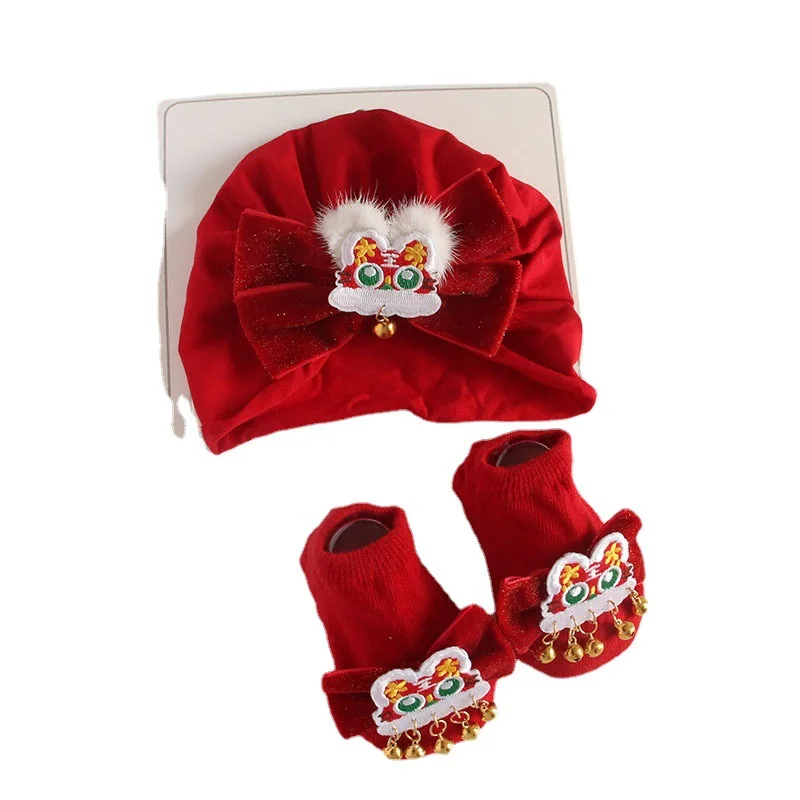 0-12 Months Newborn Cute Red Tiger\'s Head Hat Baby Socks Combination Set Warm Cotton Winter Full Moon New Year Red Fetal Hat