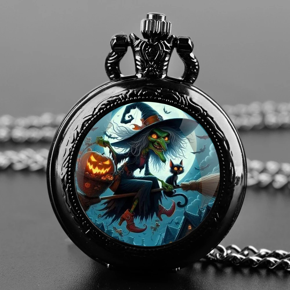 Witch Glass Dome Quartz Pocket Watch para Crianças, Numerais Árabes, Colar, Halloween Celebration Acessório, Presente