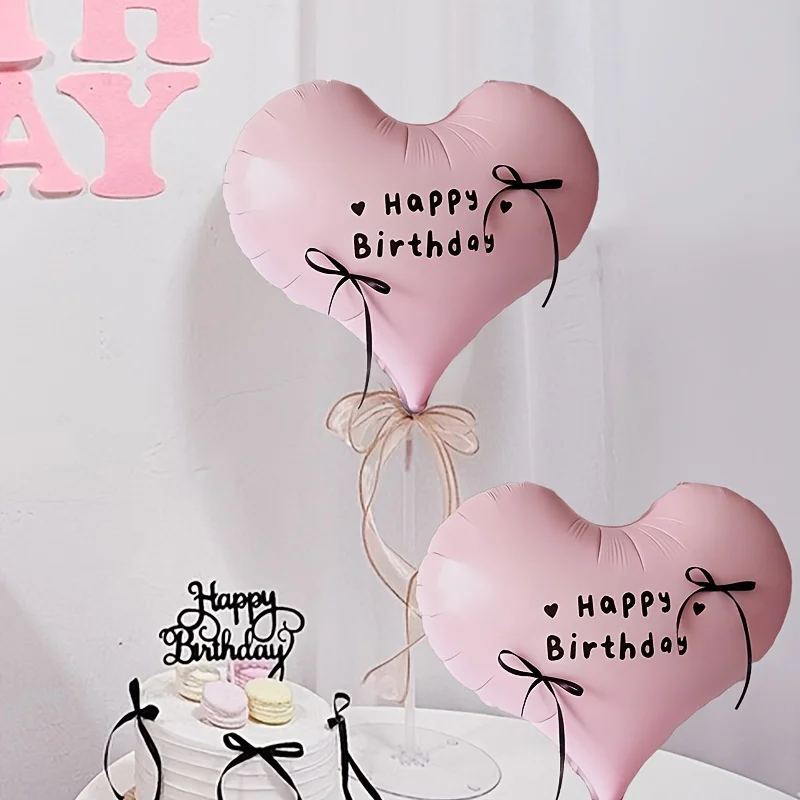 2 Sets 20 Zoll große, mattweiße, herzförmige Aluminiumfolienballons mit schwarzer Schleife und Happy-Birthday-Aufklebern, Foto-Requisiten für Geburtstagsfeiern und Erwachsenenzeremonien
