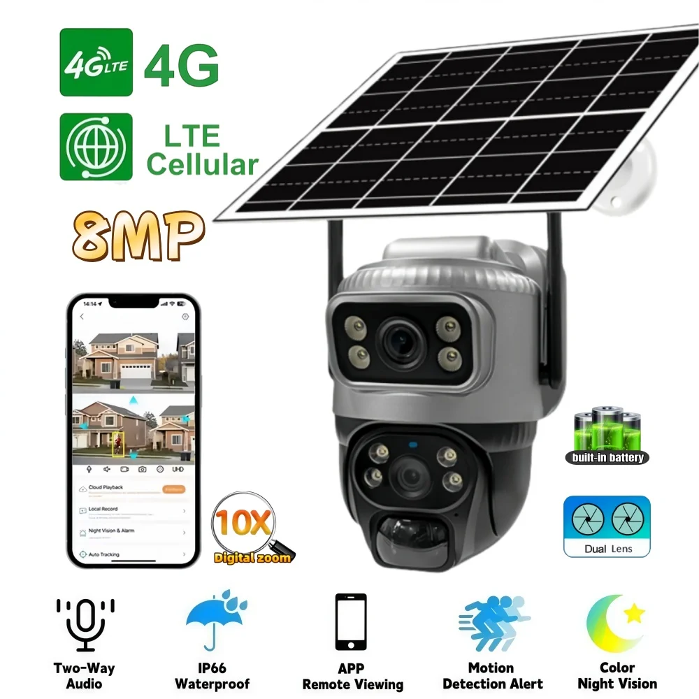 

Outdoor Camera 4G IP Solar Camera 8MP 4K Dual Lens IP Monitor Night Vision Motion Detection Security CCTV PTZ Video Surveillance