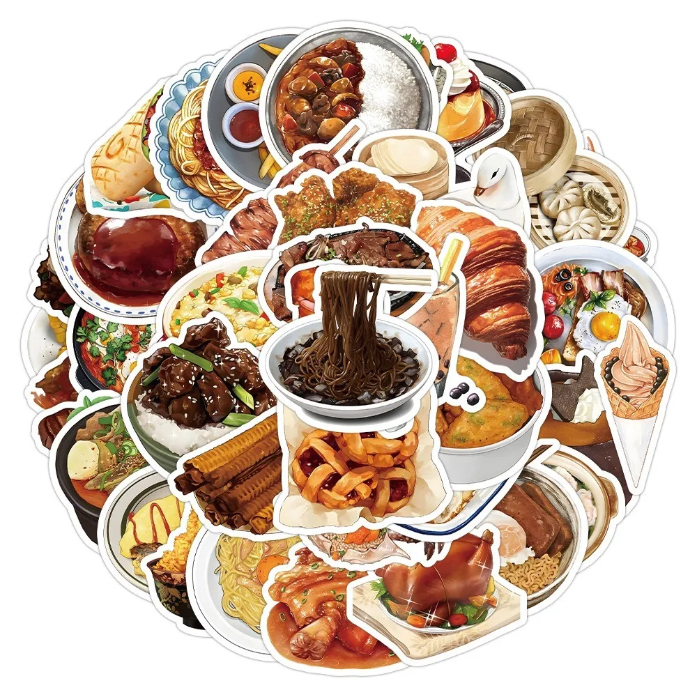 10/63Pcs Realistic Snacks Yummy Food Stickers Pancake Pizza Meat Ice Cream Sauce Noodles Hotpot Material Stickers for Laptop Kid