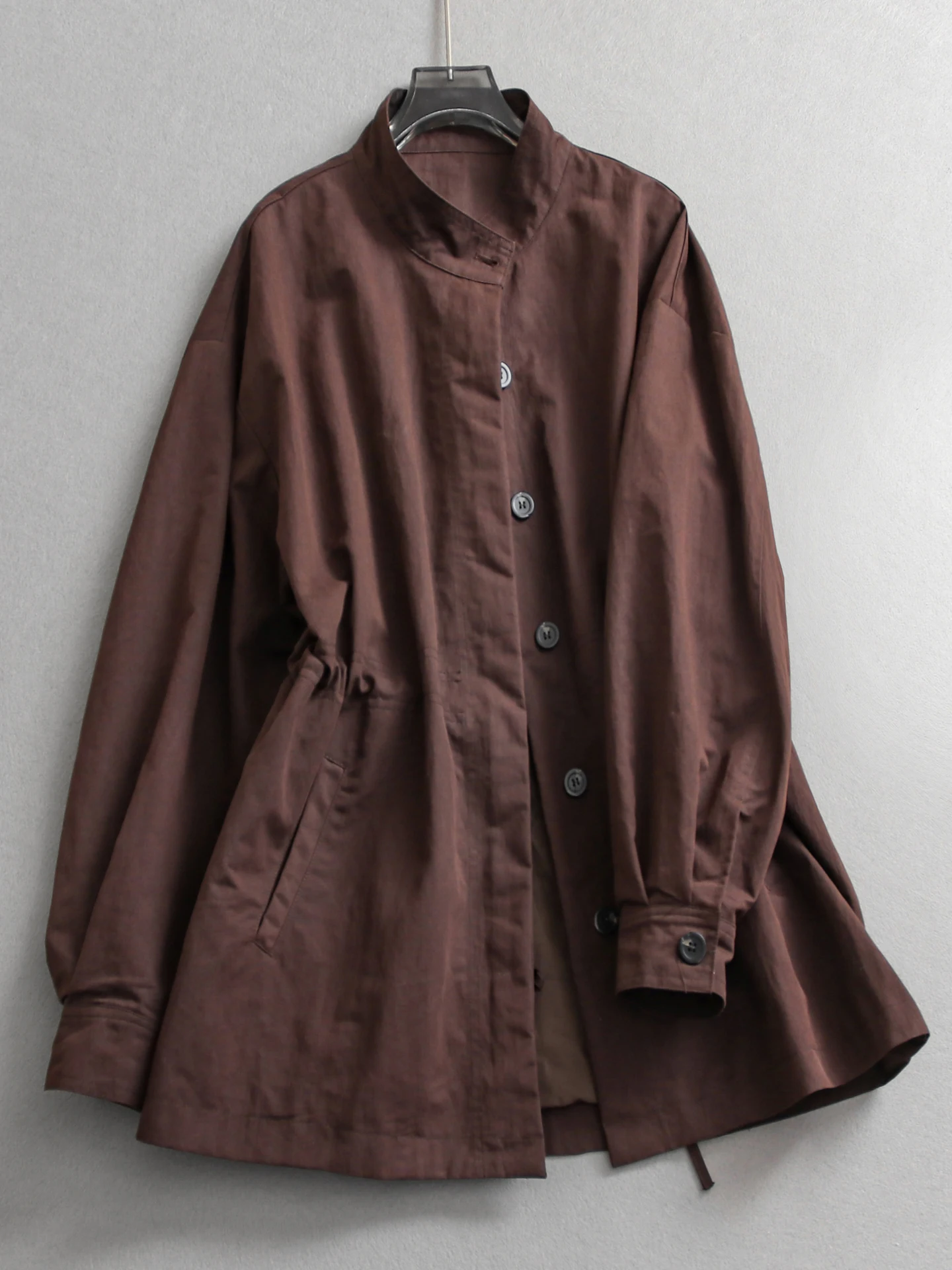 

Pure Color Minimalist Loose Silhouette Lazy Style Stand Collar Gathered Waist Midi Length Coat Long Sleeve Women's Windbreaker
