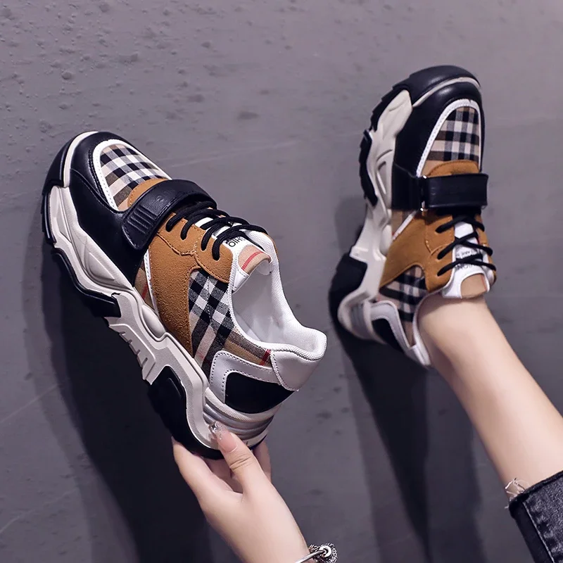 Women's Single Shoes Spring New Thick Soled Checkered Color Matching Lace-up Sneakers Fashion Comfortable Non-slip Board Shoes