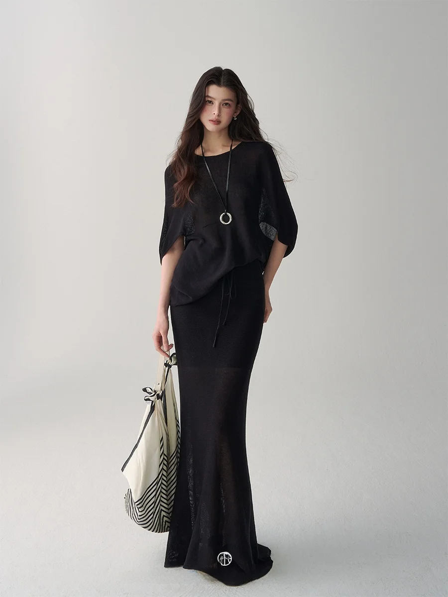 

Attia Glowy Summer Cool Lyocell Linen Batwing Sve Knitted Set Women's f-length Skirt Two-piece Casual Loose Fit Top