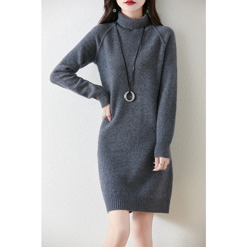 

Best-selling 100% wool dress women's long sleeve turtleneck hip skirt knitted bottoming skirt warm sweater skirt one-step skirt