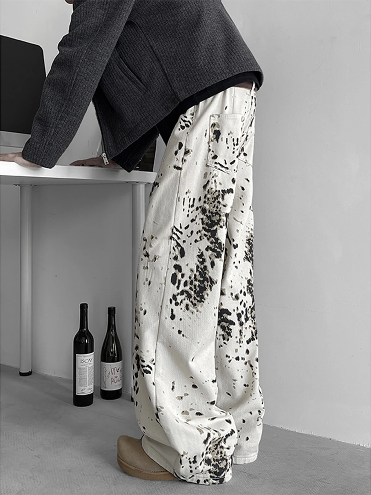 

White Leopard Print Jeans Men's Autumn Winter Straight Leg CleanFit American High Street Vibe Knife Flared Pants