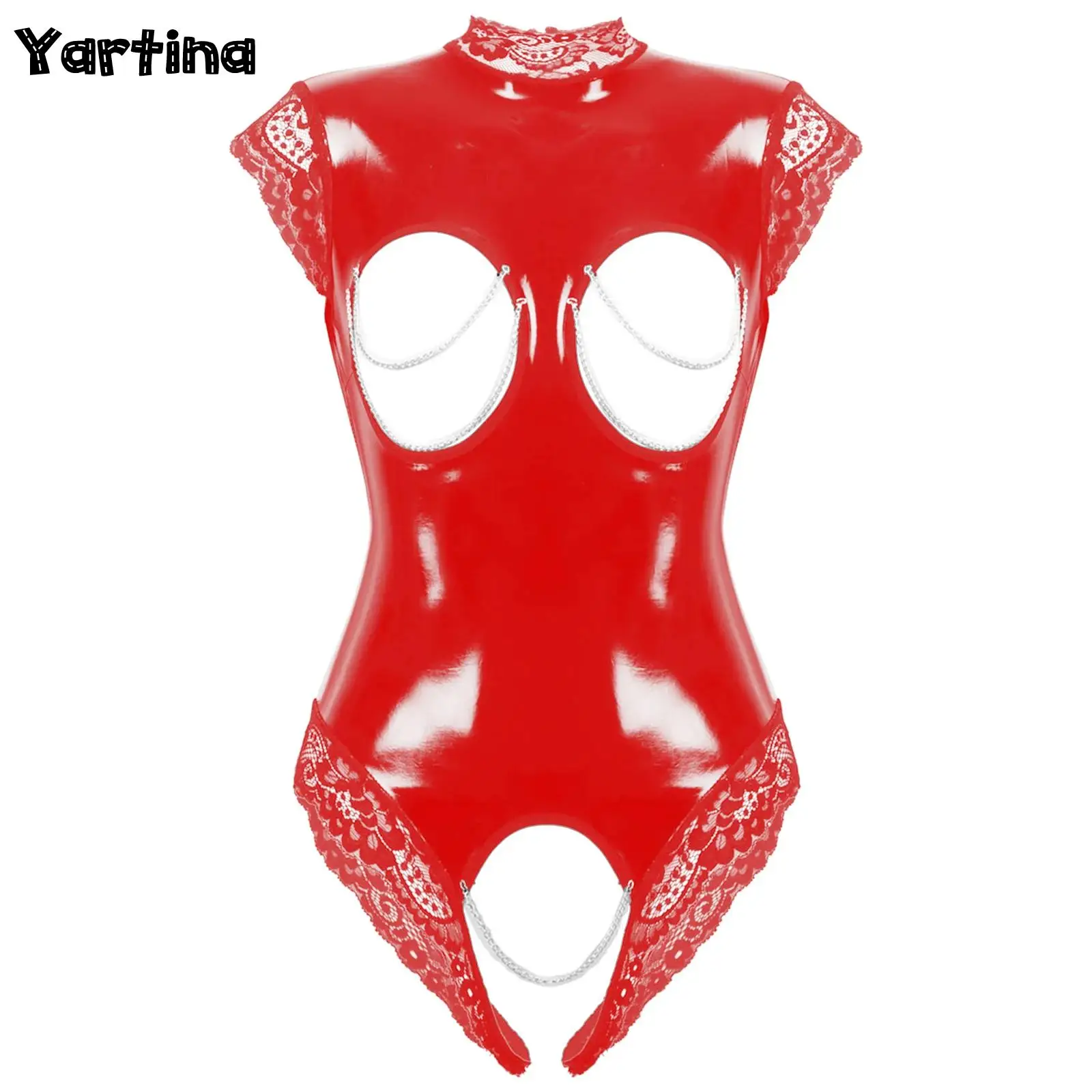 Womens Lingerie Open Chest Open Cup Latex Bodysuit Femme Catsuit Erotic Cupless Crotchless Patent Leather Teddies Underwear