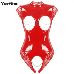 Womens Lingerie Open Chest Open Cup Latex Bodysuit Femme Catsuit Erotic Cupless Crotchless Patent Leather Teddies Underwear