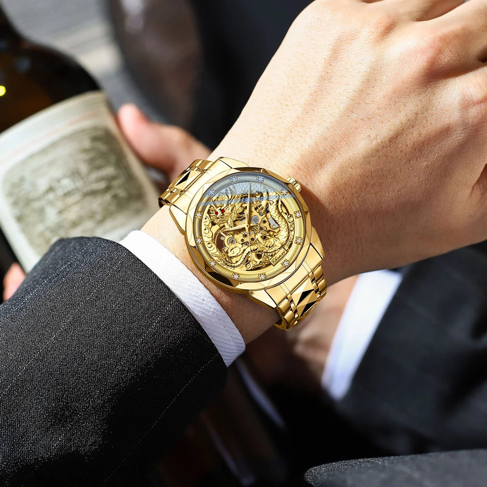 CHENXI 8899 Chinese Nation Culture and Art 3D Embossed Dragon Pattern Gold Automatic Mechanical Stainless Steel Watches for Men view 4