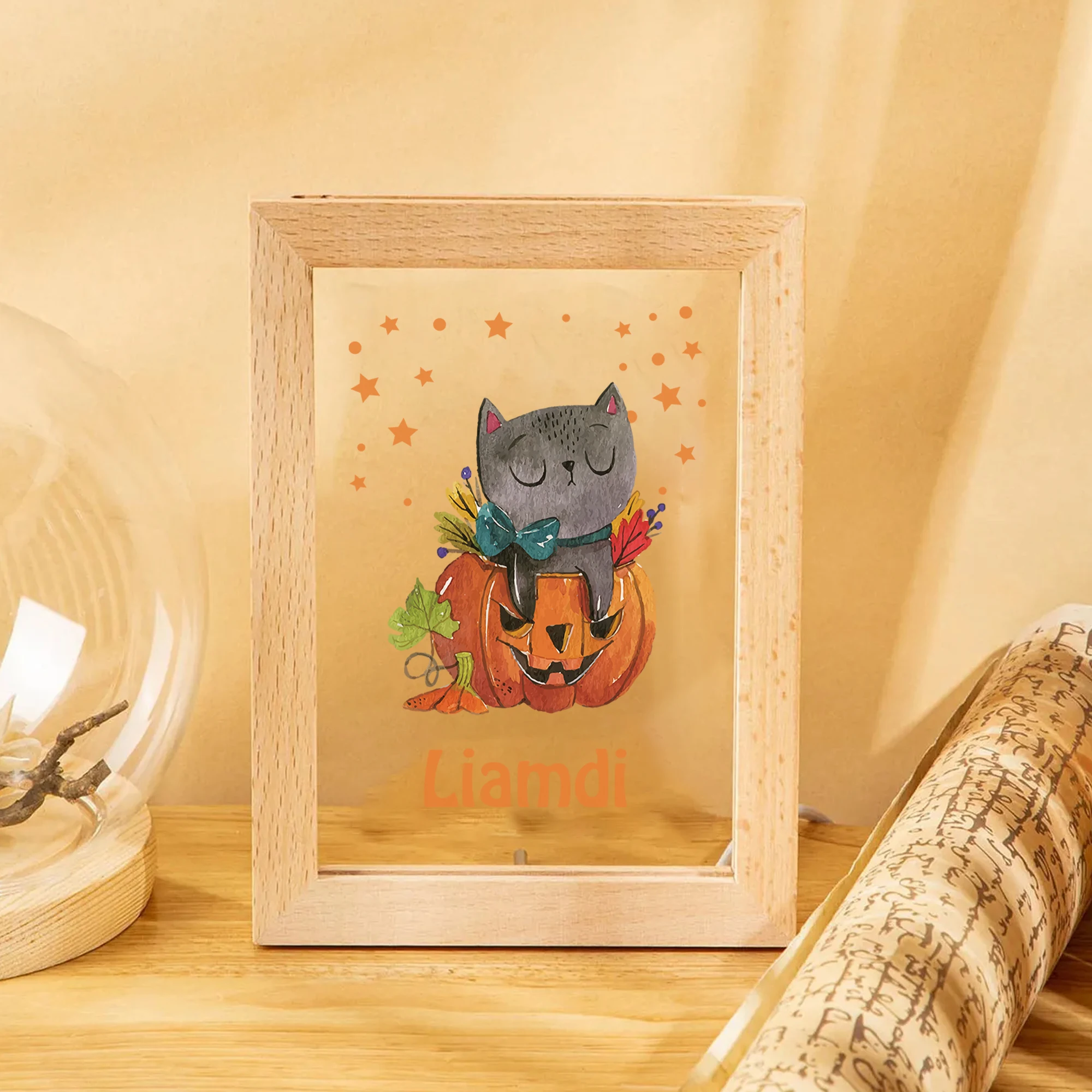 2D شقة مخصصة اسم القط الرعب اليقطين LED الاكريليك ضوء الليل إطار صور خشبي 21x17 سنتيمتر هالوين غرفة نوم هدية ديكور المنزل #4