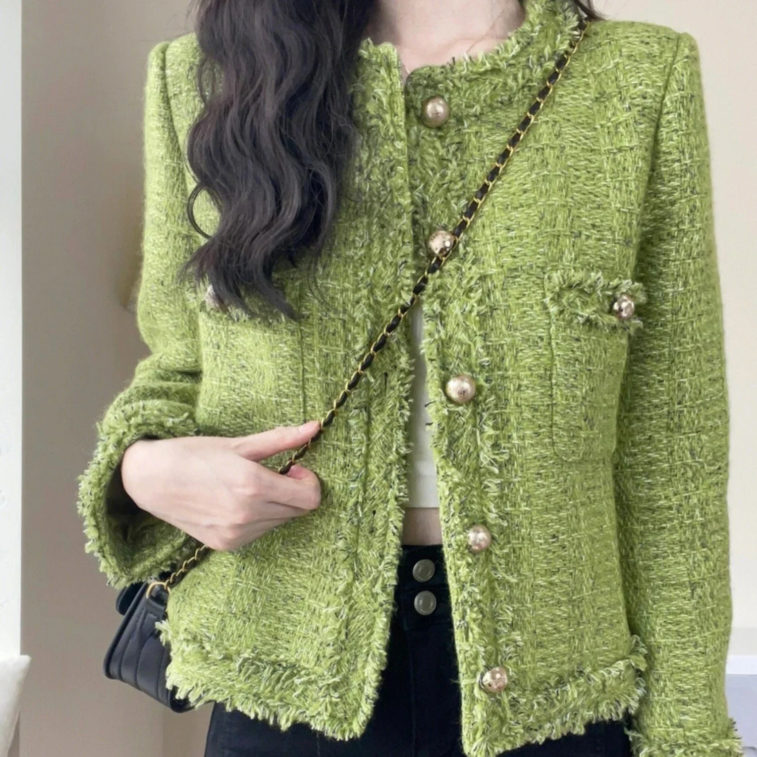 

2023 Spring Autumn Women Elegant Tweed Frayed Cropped Green Jacket Coat , Woman Clothes New Tassel Short Jackets Coats