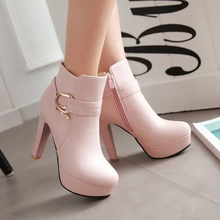 Elegant Short Boots Women Shoes Autumn Winter Women\'s Ankle Boot Platform Sweet Black White Pink Heeled Party Shoes Ladies