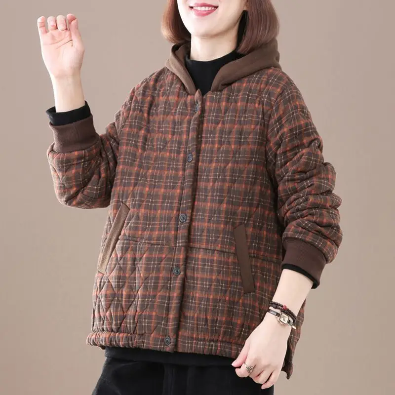 

Casual Thick Cotton-linen Parka For Women Winter New Plaid Print Hooded Fashion Loose Warm Comfortable Jacket Coats