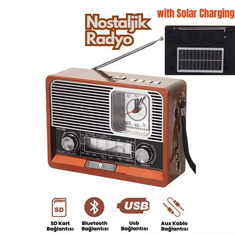 Retro Solar Radio FM AM SW Portable Receiver  MP3 Music Player LED Light torch clock USB TF Card AUX Bluetooth Speaker