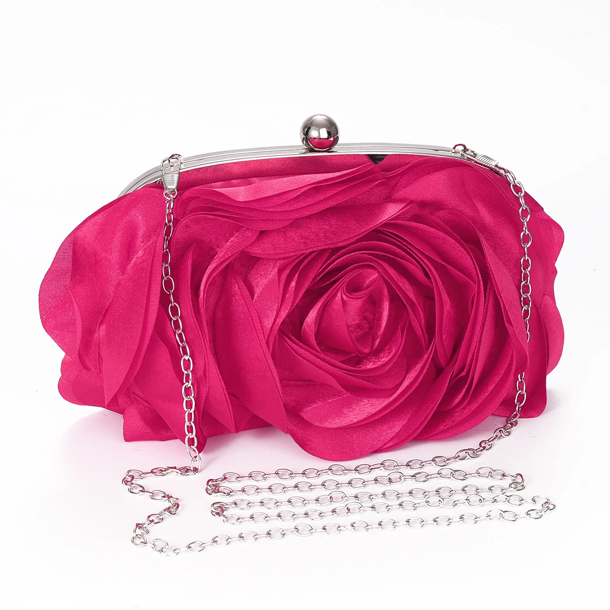 Women Rose Flower Evening Bag Ladies Floral Pink Handbag Bridal Wedding Party Purse Fashion Beatiful Small Day Clutch Chain