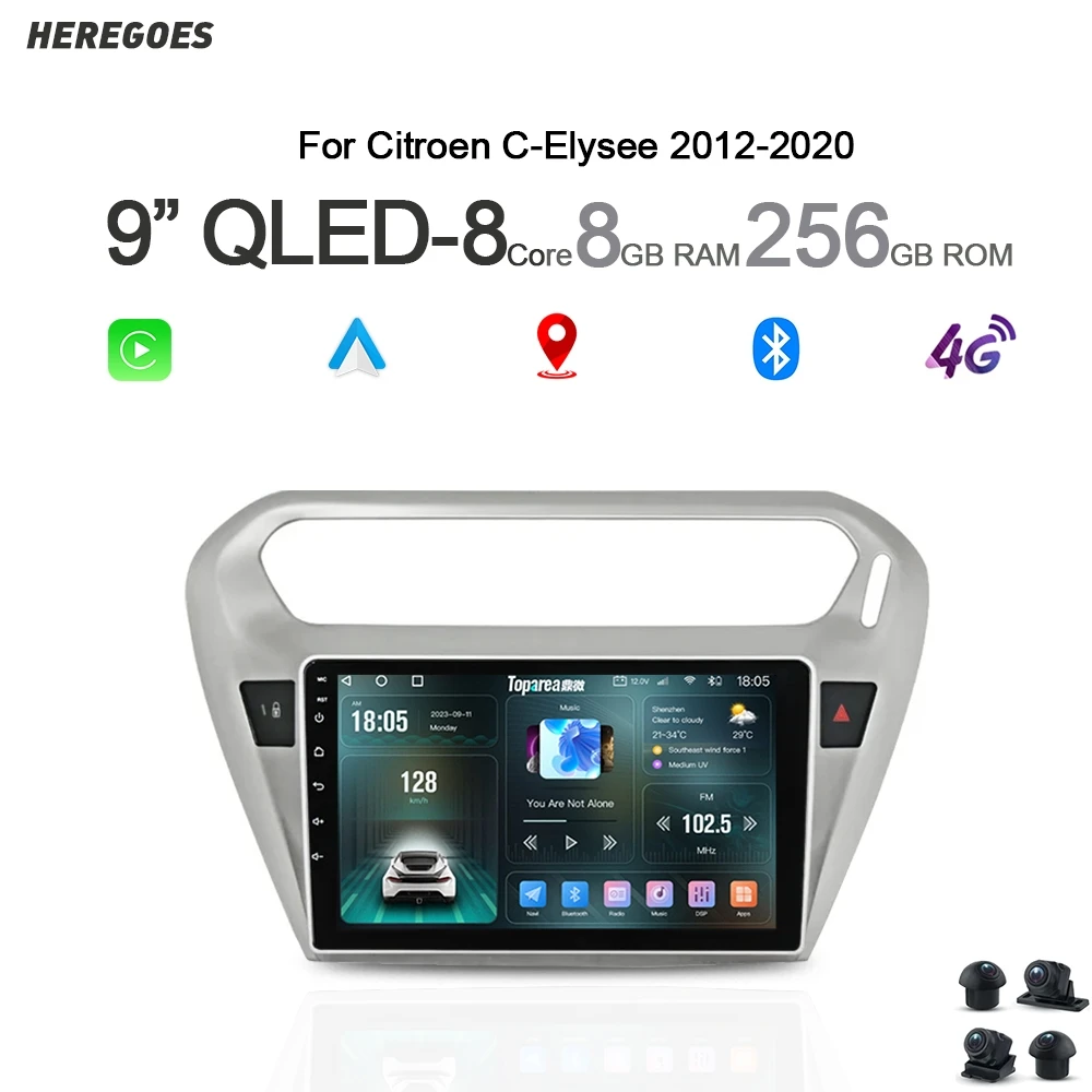 Carplay Auto Android 14 Car DVD Player Navigation GPS Bluetooth Autoradio QLED Wifi Radio For Citroen C-Elysee CElysee 2012-2020