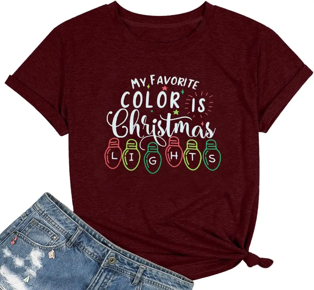 My Favorite Color is Christmas Lights Shirt christmas shirts for women Xmas Gift Blouse Holiday Short Sleeve Tees