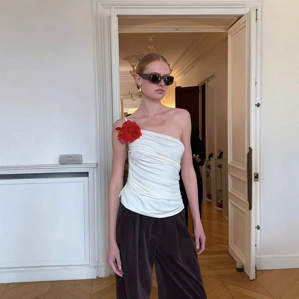 

Женская модная одежда для взрослых по индивидуальному заказу, трехмерное цветочное украшение, висящий жилет на шее, наклонное плечо, без бретелек, топ