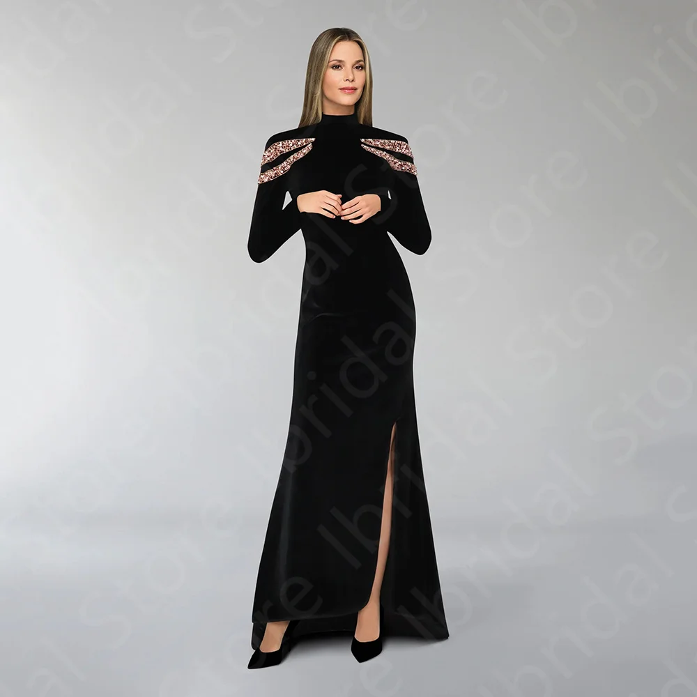 Customized Gorgeous Mother Dresses Mermaid Velvet Mother of the Bride Gowns Black Long Sleeves Wedding Party Dresses Side Split