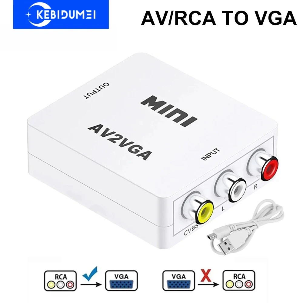 AV-zu-VGA-Adapter, RCA-zu-VGA-Konverter, VGA-Adapter, RCA-Adapter mit 3,5-mm-Audiokabel für TV-Box, PC, 1080P, CVBS zu VGA-Konverter